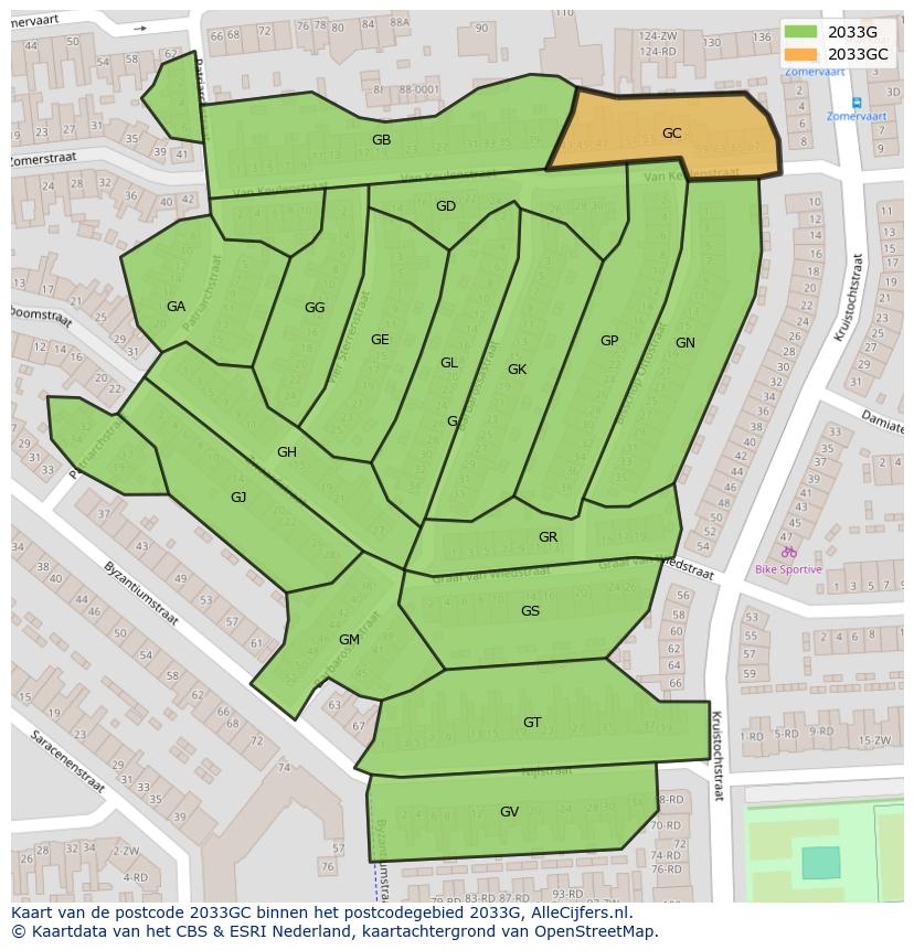 Afbeelding van het postcodegebied 2033 GC op de kaart.