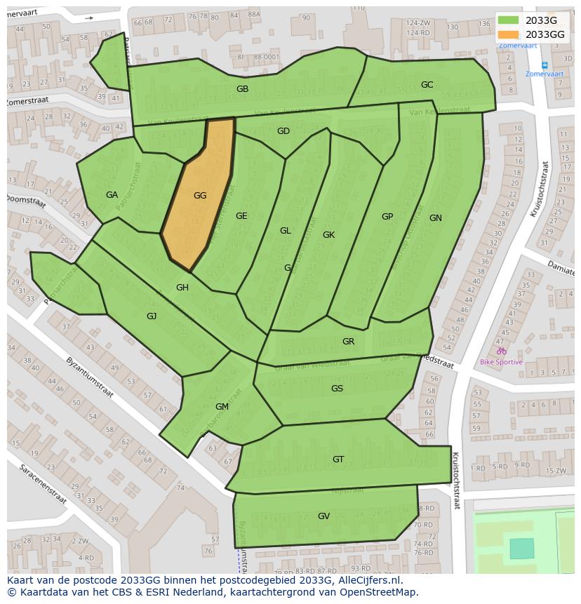 Afbeelding van het postcodegebied 2033 GG op de kaart.