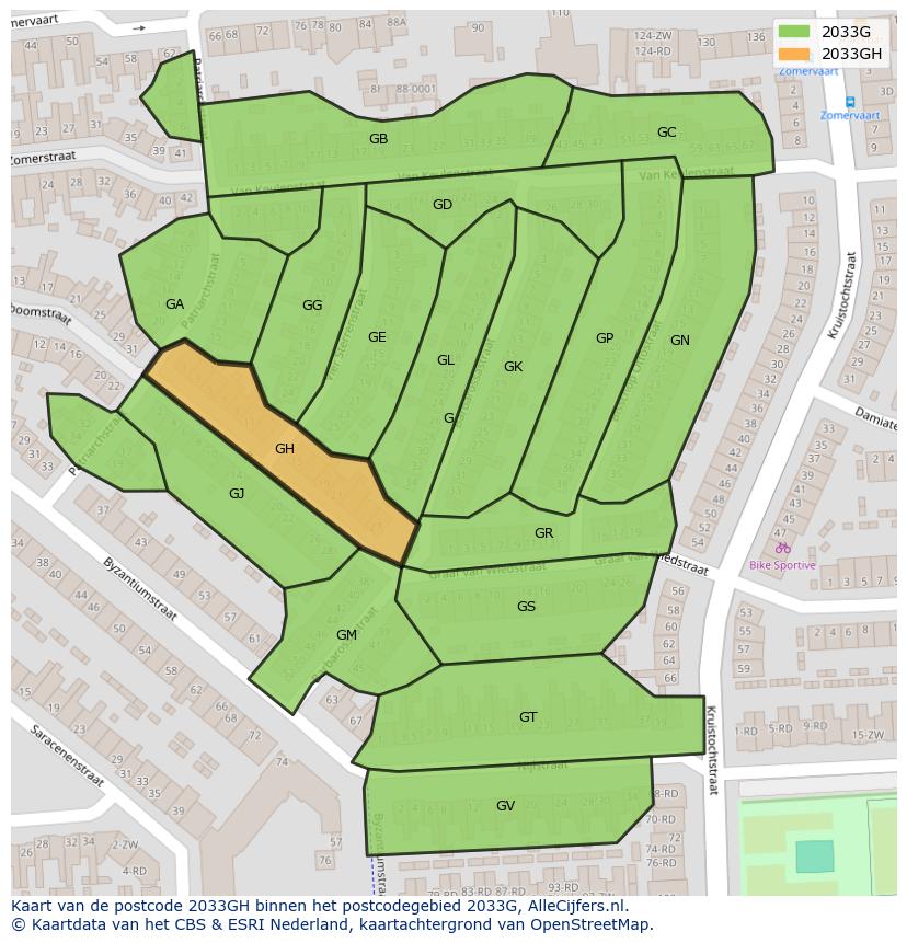 Afbeelding van het postcodegebied 2033 GH op de kaart.