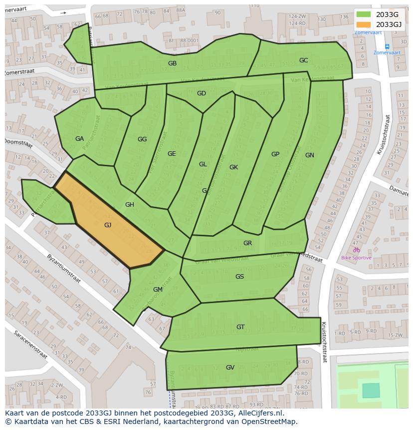 Afbeelding van het postcodegebied 2033 GJ op de kaart.