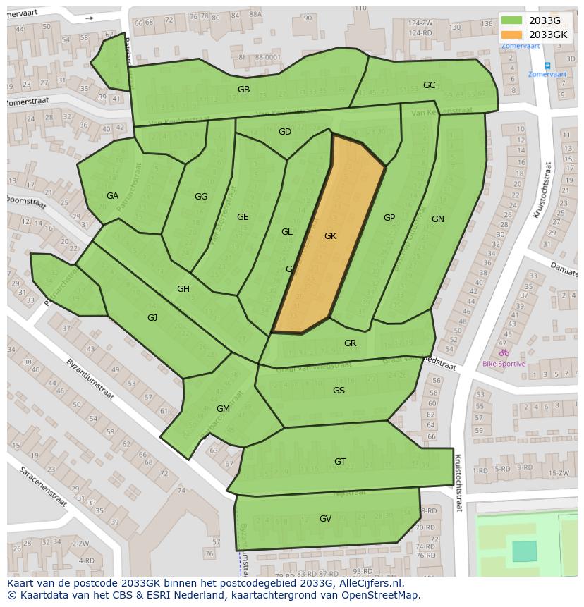 Afbeelding van het postcodegebied 2033 GK op de kaart.