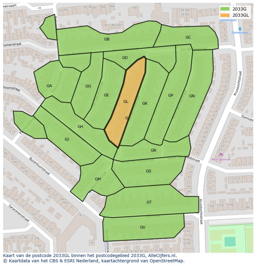 Afbeelding van het postcodegebied 2033 GL op de kaart.