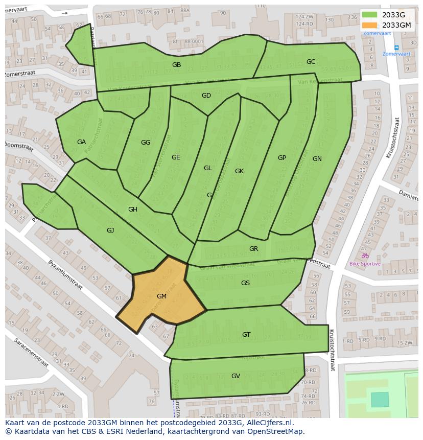 Afbeelding van het postcodegebied 2033 GM op de kaart.