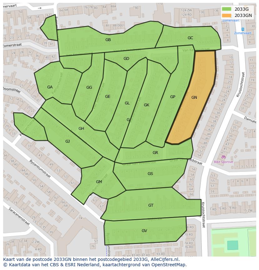 Afbeelding van het postcodegebied 2033 GN op de kaart.