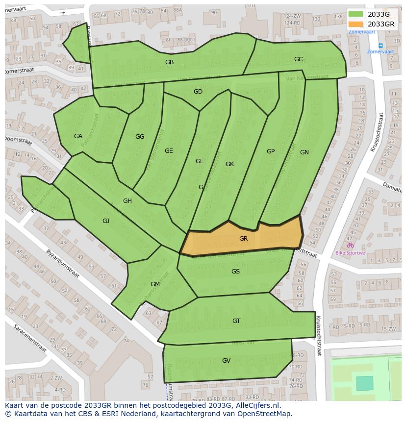 Afbeelding van het postcodegebied 2033 GR op de kaart.