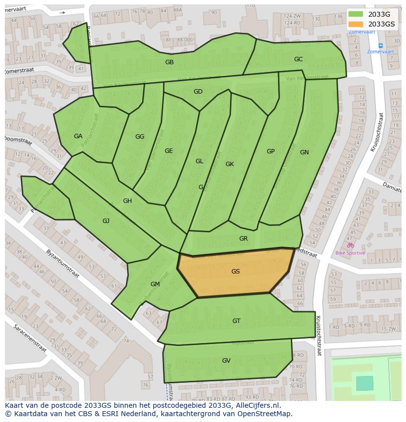 Afbeelding van het postcodegebied 2033 GS op de kaart.