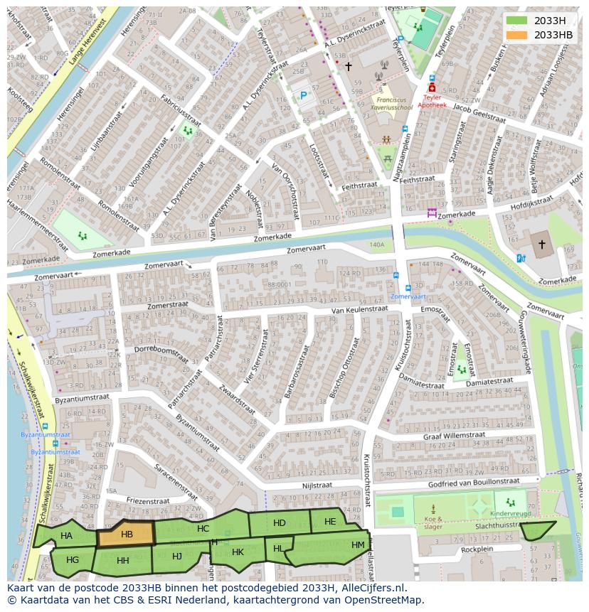 Afbeelding van het postcodegebied 2033 HB op de kaart.