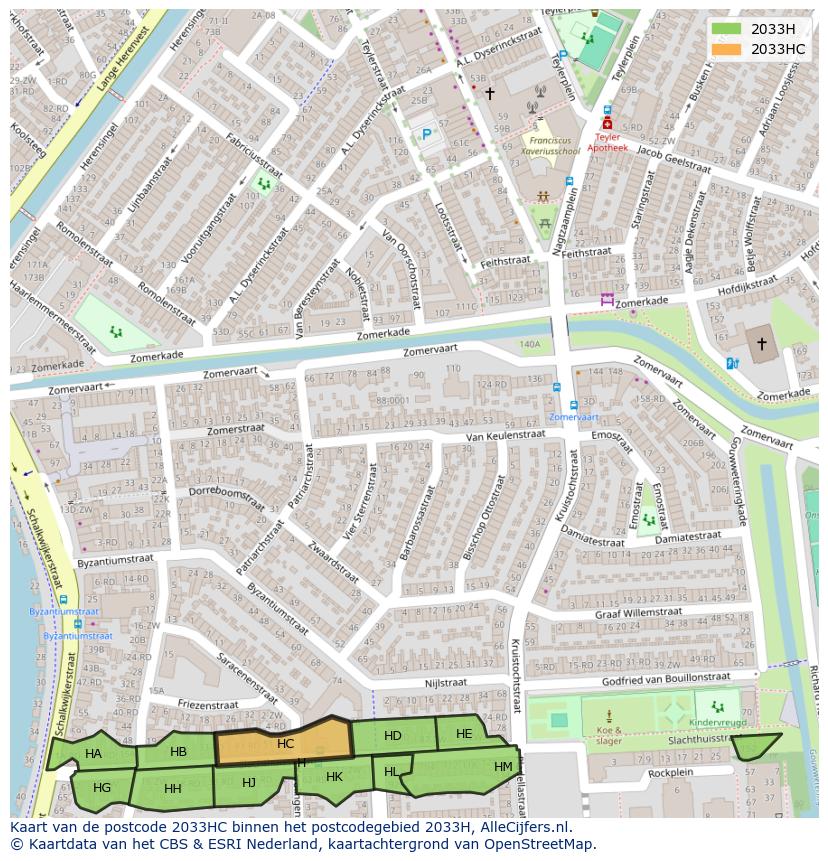 Afbeelding van het postcodegebied 2033 HC op de kaart.