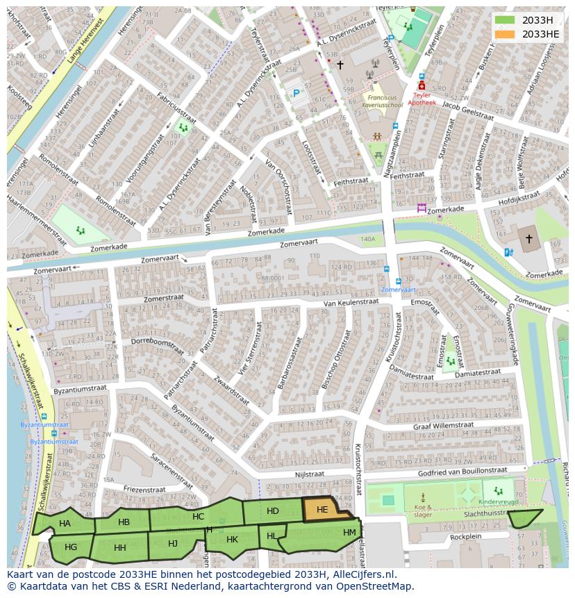 Afbeelding van het postcodegebied 2033 HE op de kaart.
