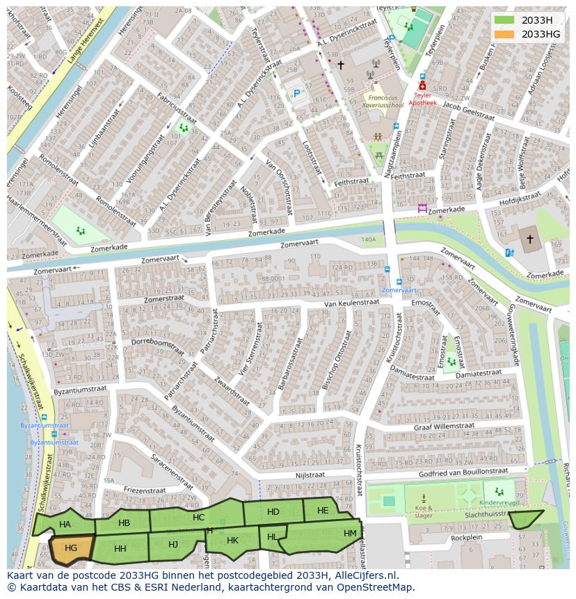 Afbeelding van het postcodegebied 2033 HG op de kaart.
