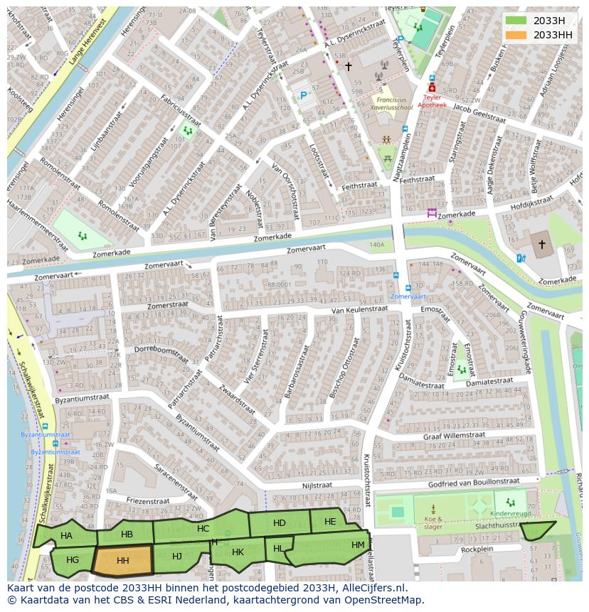 Afbeelding van het postcodegebied 2033 HH op de kaart.