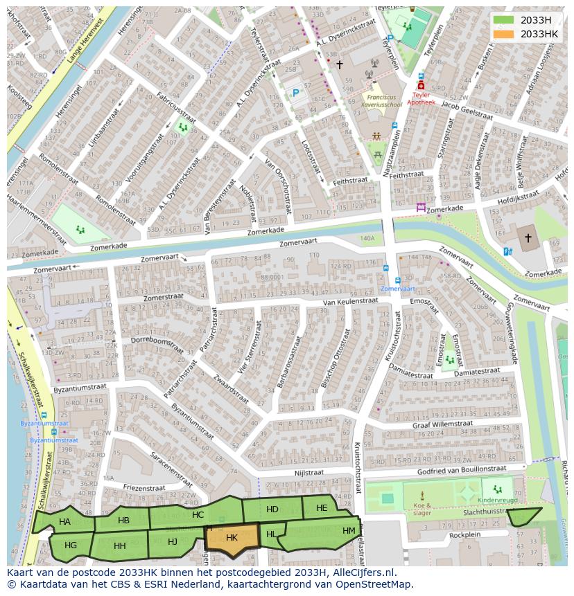 Afbeelding van het postcodegebied 2033 HK op de kaart.