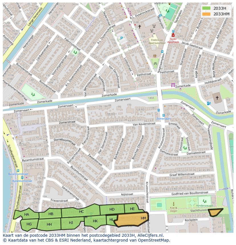 Afbeelding van het postcodegebied 2033 HM op de kaart.