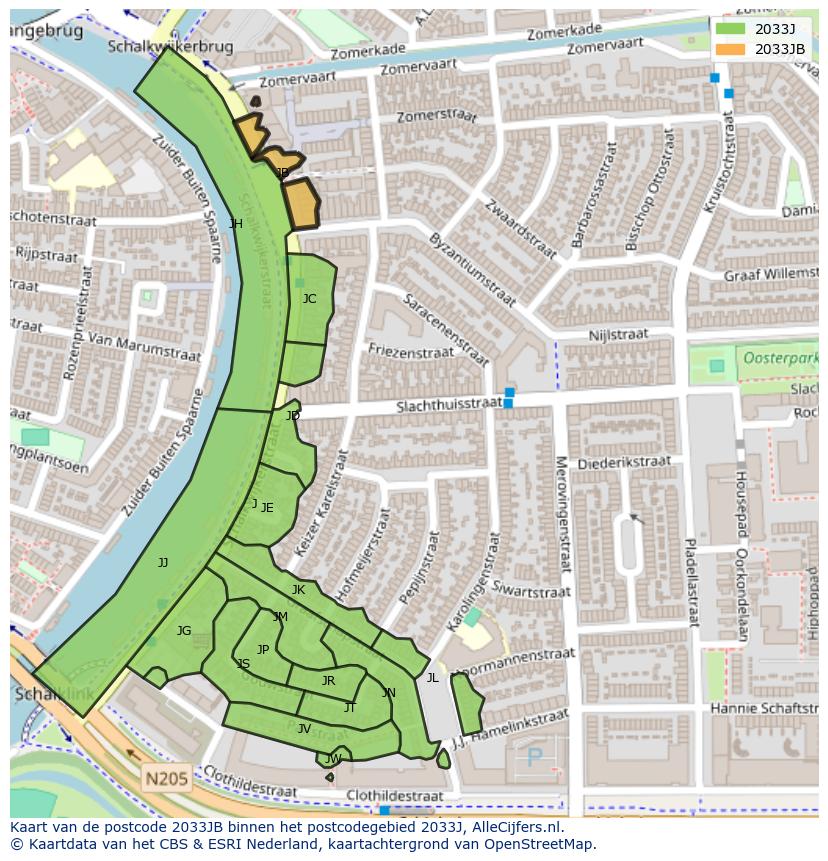 Afbeelding van het postcodegebied 2033 JB op de kaart.
