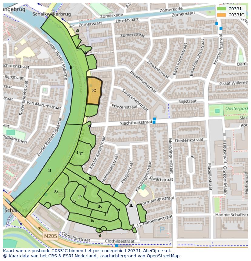 Afbeelding van het postcodegebied 2033 JC op de kaart.