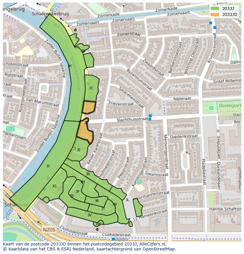 Afbeelding van het postcodegebied 2033 JD op de kaart.
