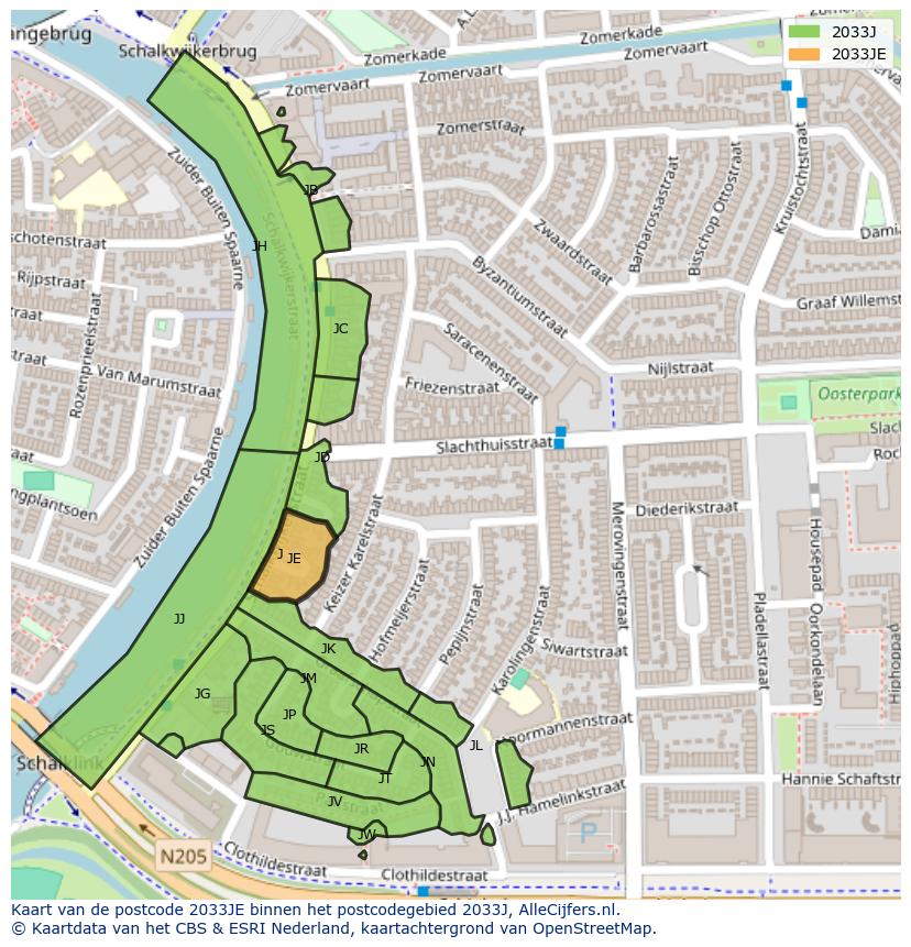 Afbeelding van het postcodegebied 2033 JE op de kaart.