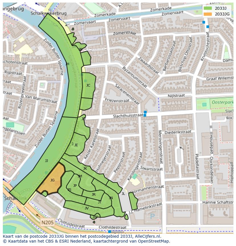 Afbeelding van het postcodegebied 2033 JG op de kaart.