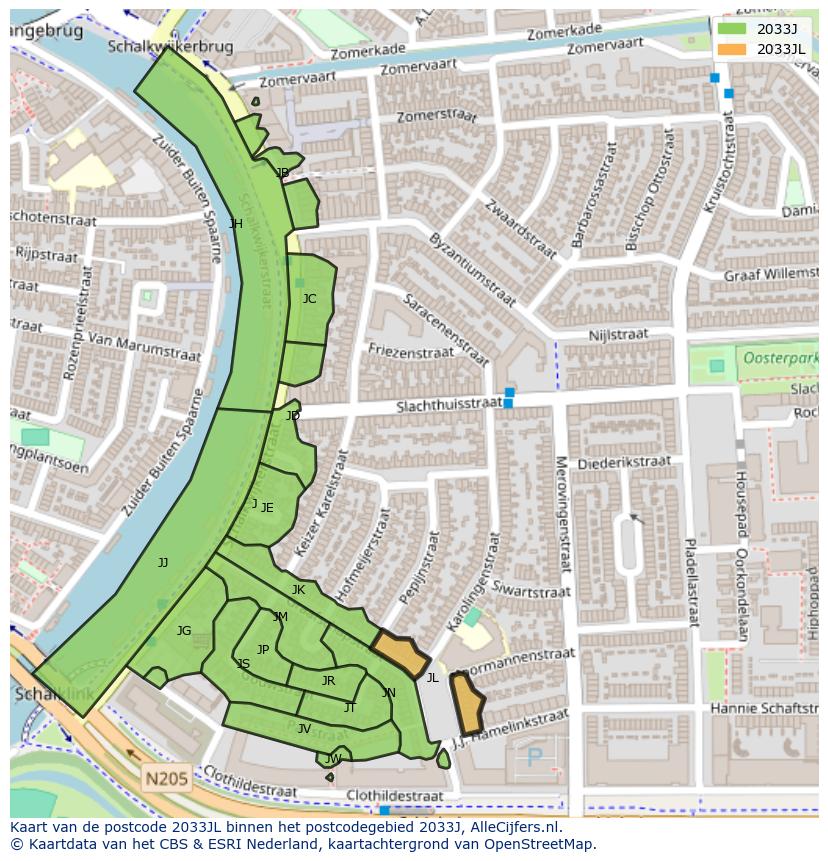 Afbeelding van het postcodegebied 2033 JL op de kaart.