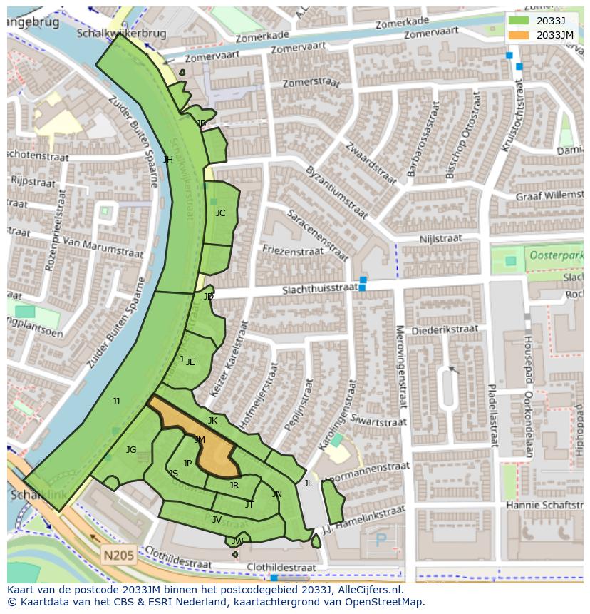 Afbeelding van het postcodegebied 2033 JM op de kaart.