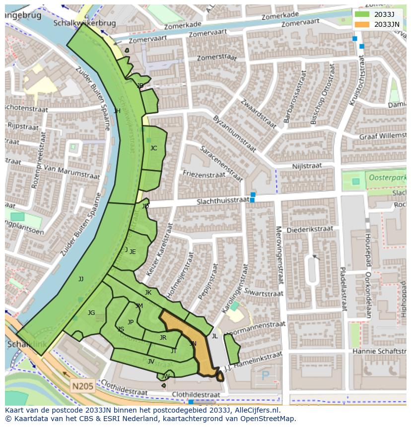 Afbeelding van het postcodegebied 2033 JN op de kaart.