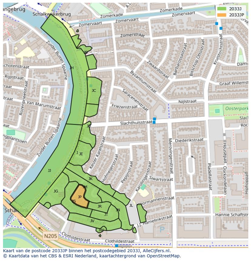 Afbeelding van het postcodegebied 2033 JP op de kaart.