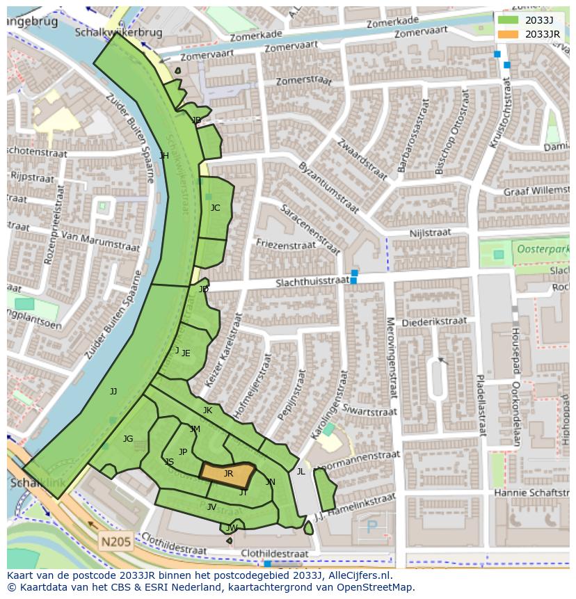 Afbeelding van het postcodegebied 2033 JR op de kaart.