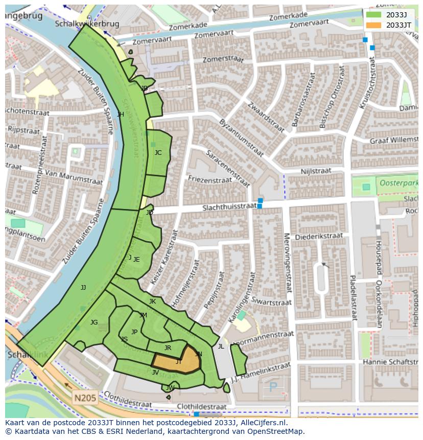 Afbeelding van het postcodegebied 2033 JT op de kaart.