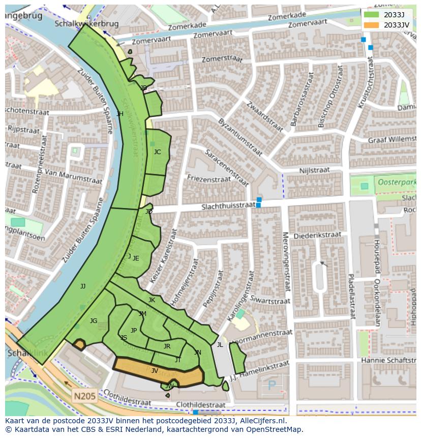 Afbeelding van het postcodegebied 2033 JV op de kaart.