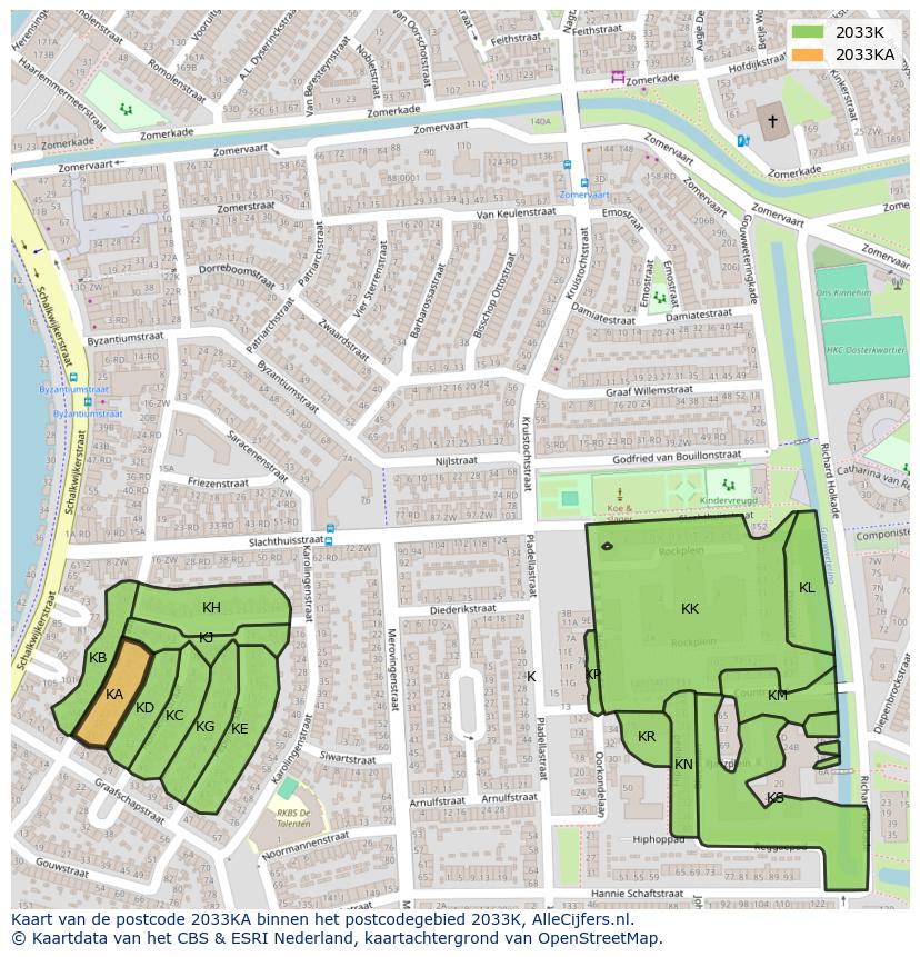 Afbeelding van het postcodegebied 2033 KA op de kaart.