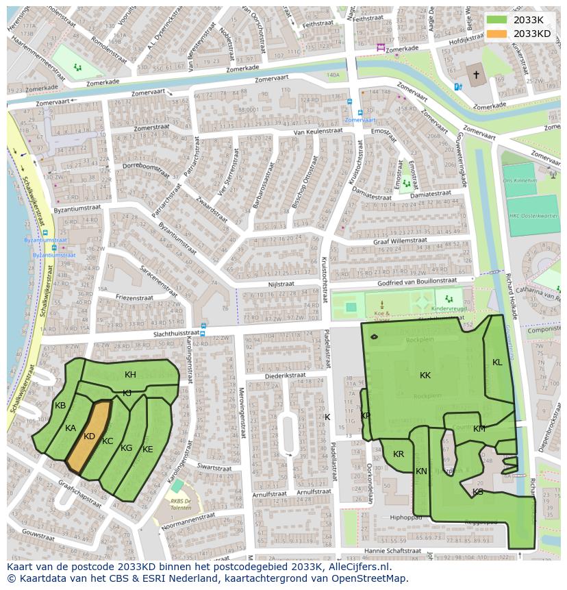 Afbeelding van het postcodegebied 2033 KD op de kaart.