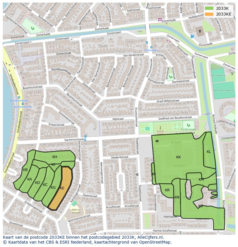 Afbeelding van het postcodegebied 2033 KE op de kaart.
