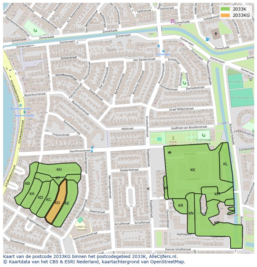 Afbeelding van het postcodegebied 2033 KG op de kaart.