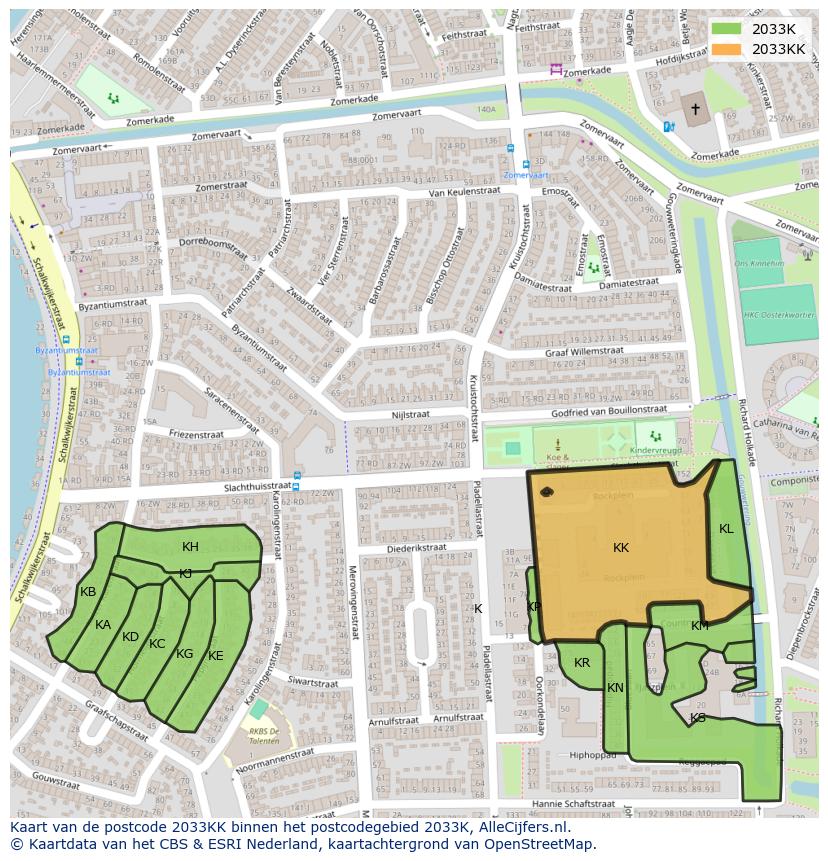 Afbeelding van het postcodegebied 2033 KK op de kaart.