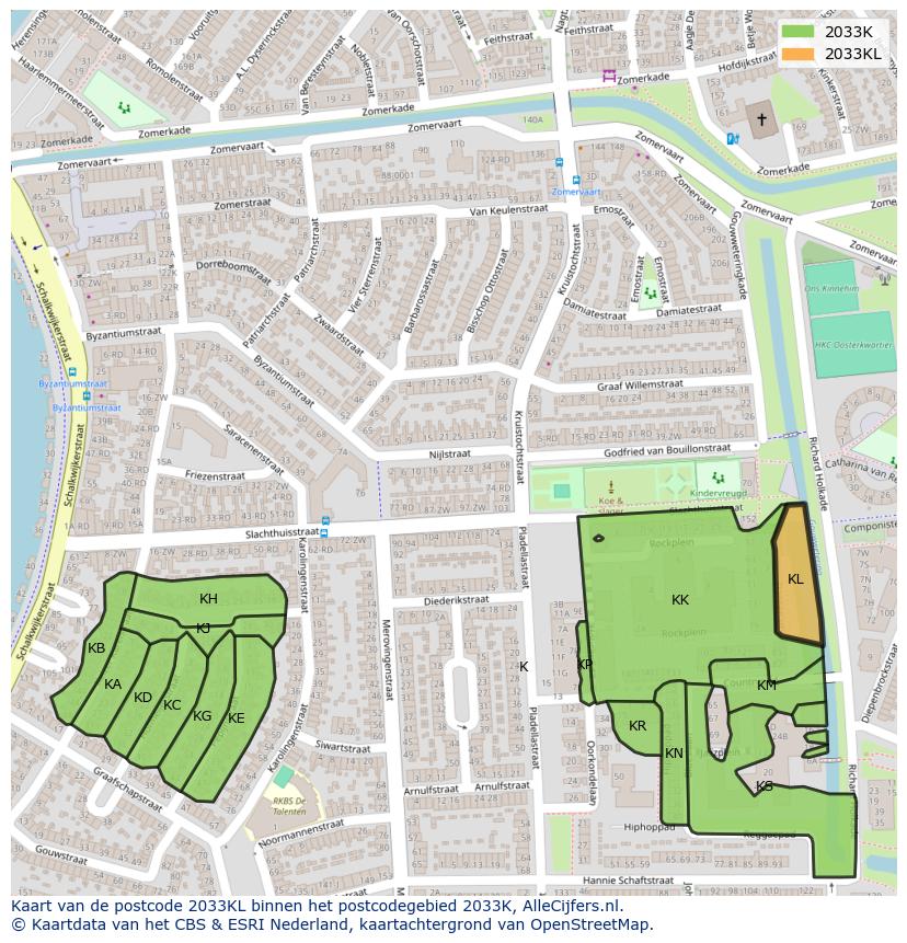 Afbeelding van het postcodegebied 2033 KL op de kaart.