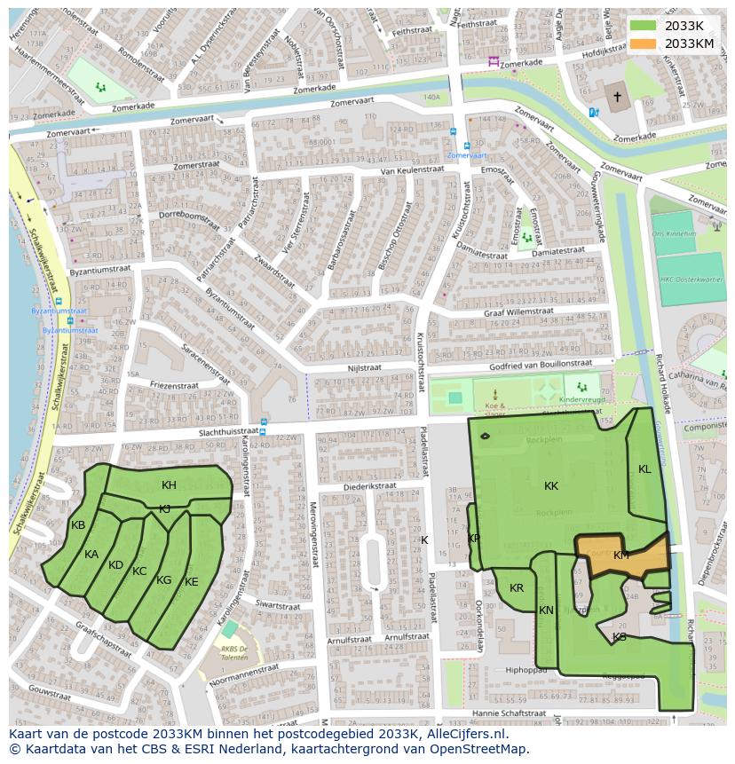 Afbeelding van het postcodegebied 2033 KM op de kaart.