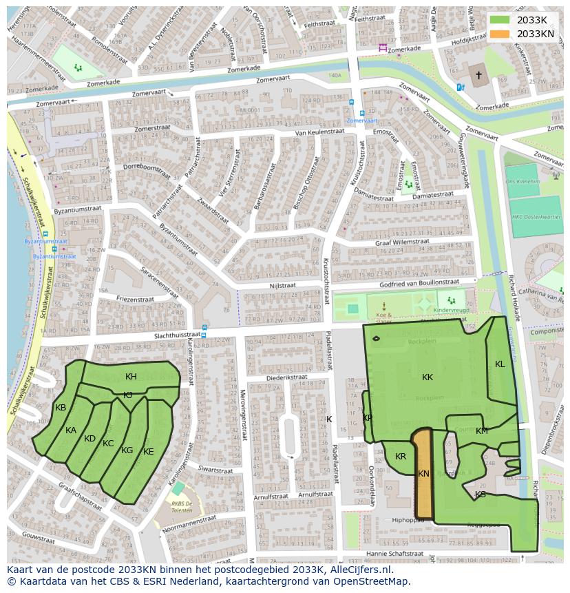 Afbeelding van het postcodegebied 2033 KN op de kaart.
