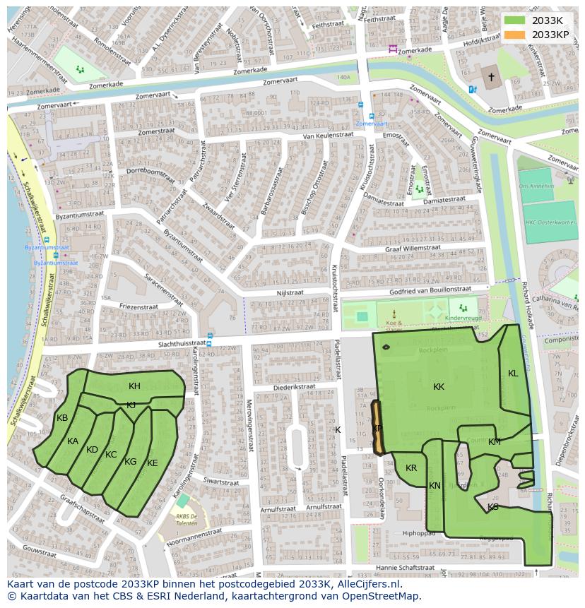 Afbeelding van het postcodegebied 2033 KP op de kaart.