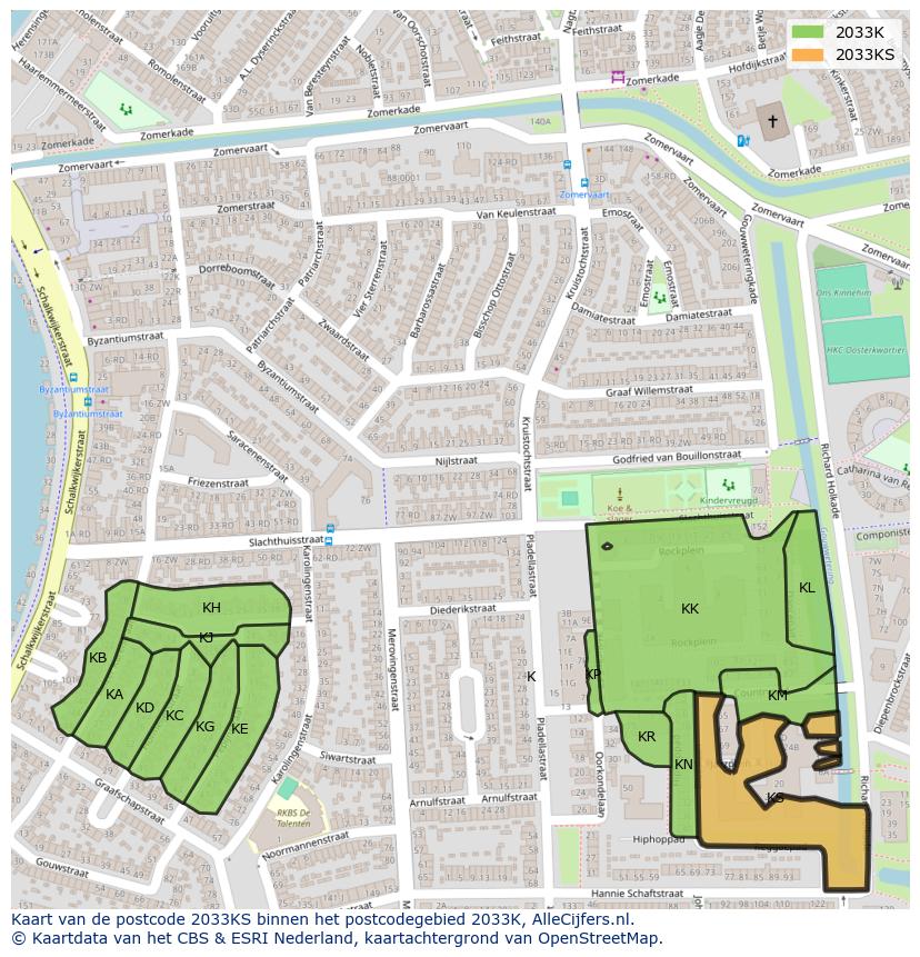 Afbeelding van het postcodegebied 2033 KS op de kaart.