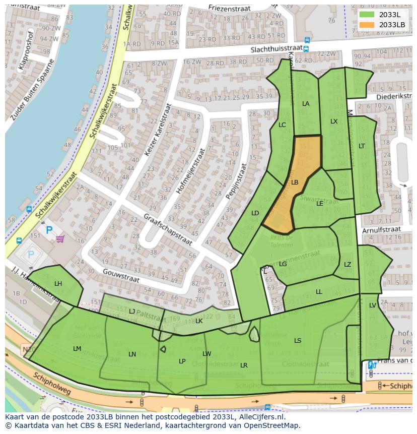 Afbeelding van het postcodegebied 2033 LB op de kaart.