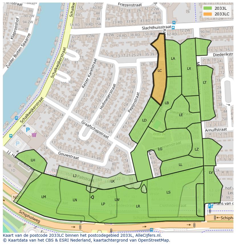 Afbeelding van het postcodegebied 2033 LC op de kaart.