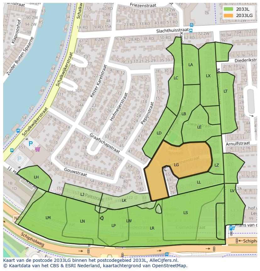 Afbeelding van het postcodegebied 2033 LG op de kaart.