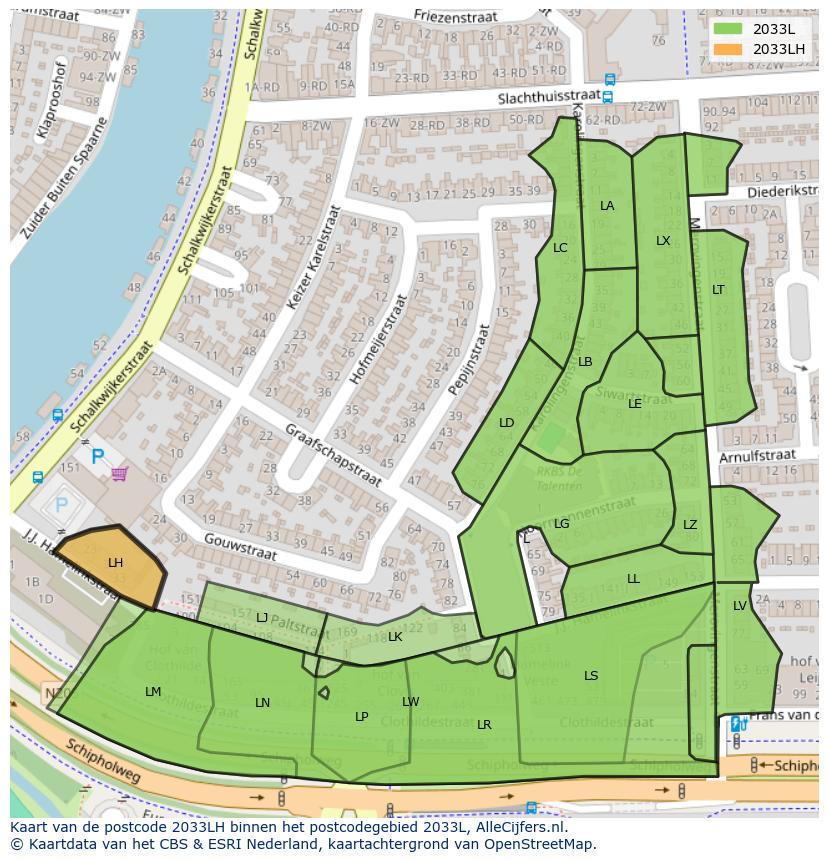 Afbeelding van het postcodegebied 2033 LH op de kaart.