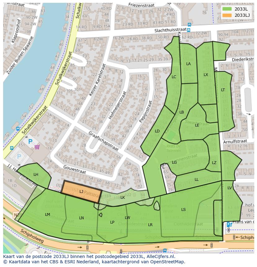 Afbeelding van het postcodegebied 2033 LJ op de kaart.