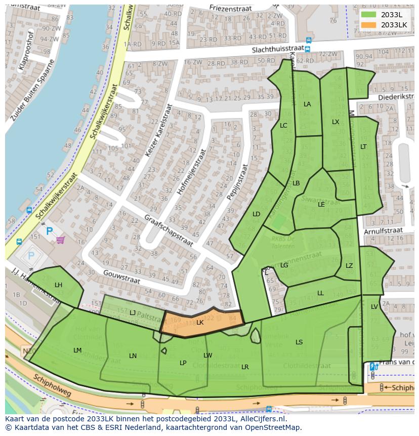 Afbeelding van het postcodegebied 2033 LK op de kaart.