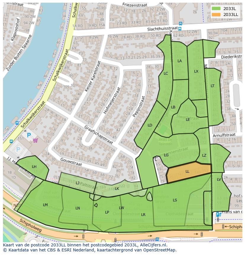 Afbeelding van het postcodegebied 2033 LL op de kaart.