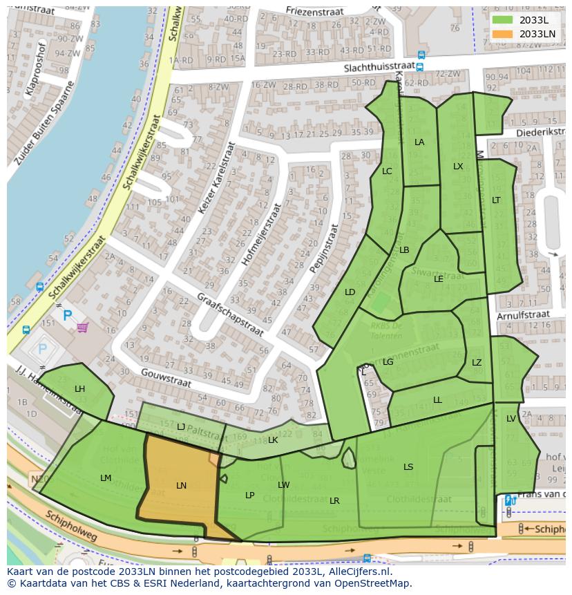 Afbeelding van het postcodegebied 2033 LN op de kaart.