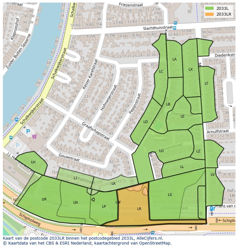Afbeelding van het postcodegebied 2033 LR op de kaart.