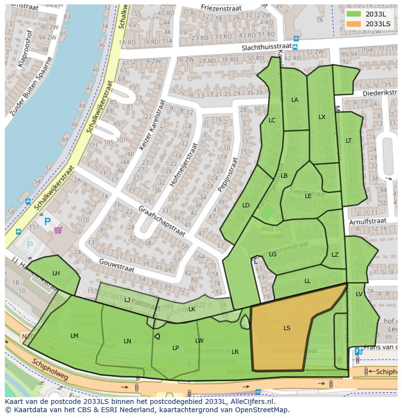 Afbeelding van het postcodegebied 2033 LS op de kaart.