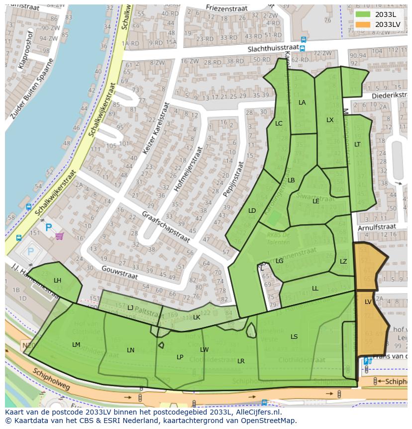 Afbeelding van het postcodegebied 2033 LV op de kaart.